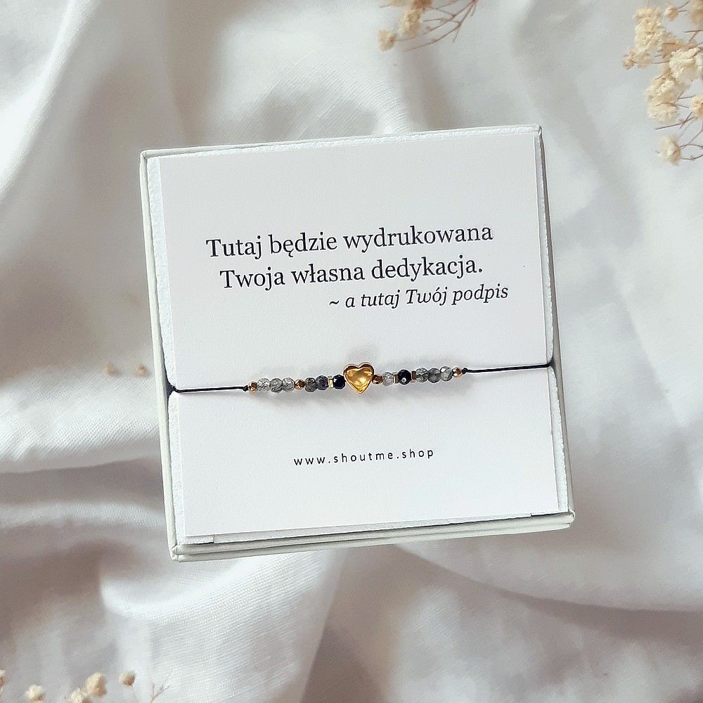 Bransoletka z sercem kwarc z czarnym turmalinem z dedykacją