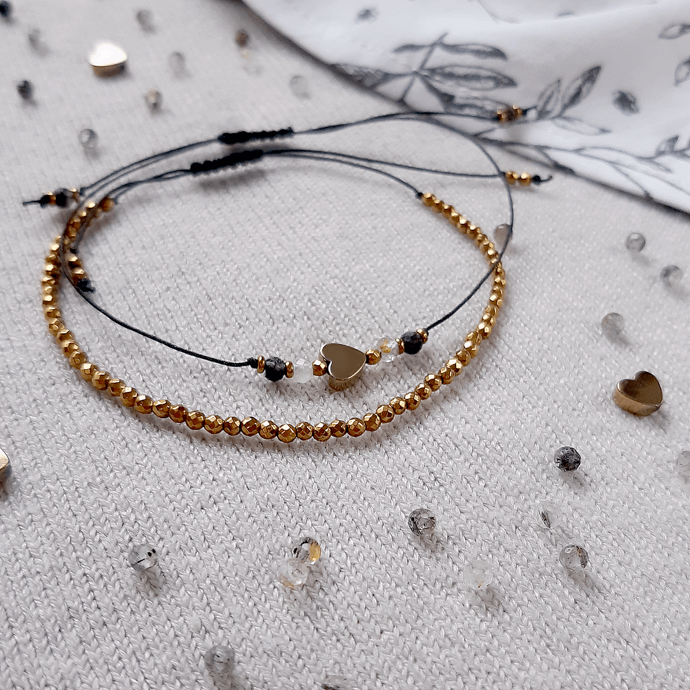 bransoletka na sznurku ze złotym sercem kamienie naturalne kwarc czarny turmalin