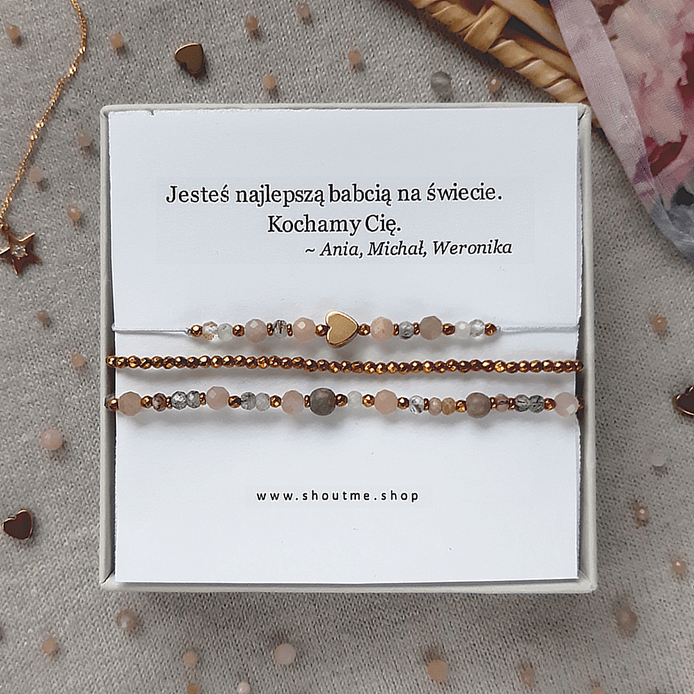 BRANSOLETKA Z SERCEM KAMIEŃ SŁONECZNY I KSIĘŻYCOWY Z DEDYKACJĄ KOMPLET - obrazek 2