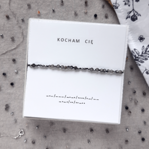 Bransoletka alfabet Morse’a KOCHAM CIĘ kwarc z turmalinem czarnym srebrny