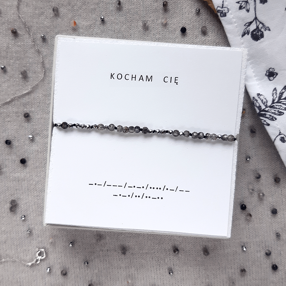 bransoletka alfabet morse kocham cię z kamieni naturalnych na czarnym sznurku srebrna