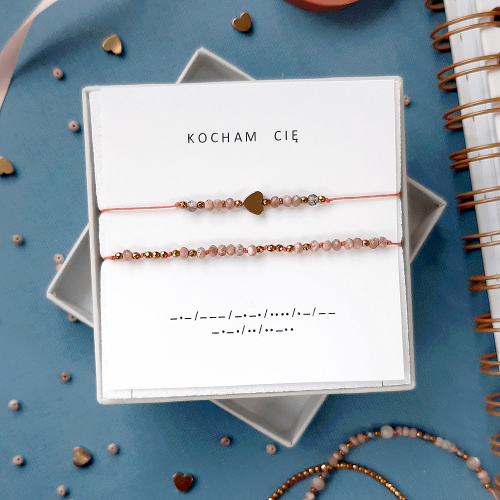 bransoletka alfabet morse kocham cię z kamieni naturalnych z serduszkiem komplet