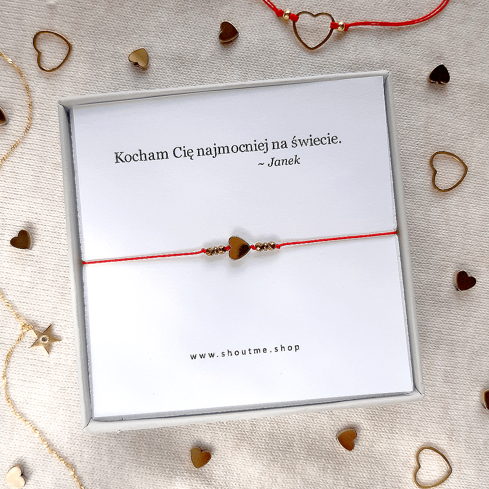 bransoletka z sercem na czerwonym sznurku walentynki