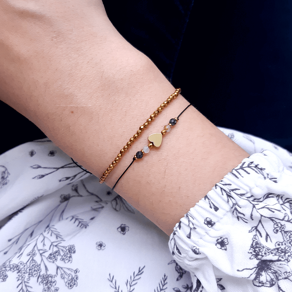 bransoletka na sznurku ze złotym sercem kamienie naturalne kwarc czarny turmalin