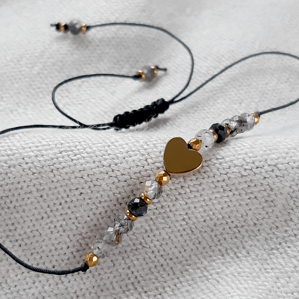 bransoletka na sznurku ze złotym sercem kamienie naturalne kwarc czarny turmalin