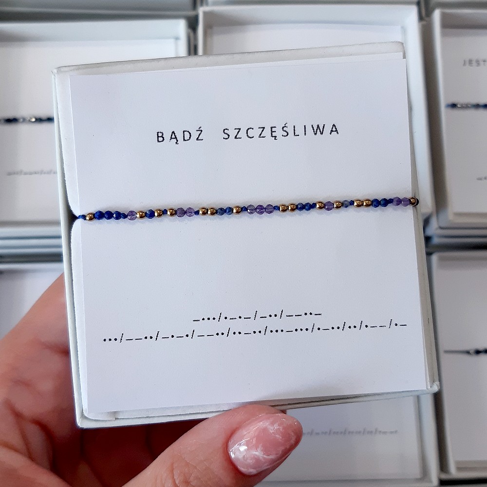 Granatowo fioletowa bransoletka alfabet Morse'a BĄDŹ SZCZĘŚLIWA