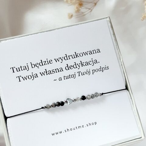 Bransoletka z sercem kwarc z czarnym turmalinem z dedykacją srebrna wersja