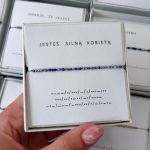 Granatowa bransoletka alfabet Morse’a JESTEŚ SILNĄ KOBIETĄ lapis lazuli