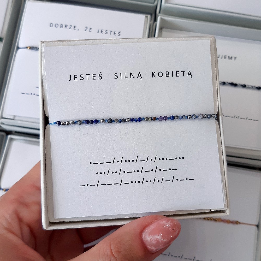 Granatowa bransoletka alfabet Morse'a JESTEŚ SILNĄ KOBIETĄ lapis lazuli