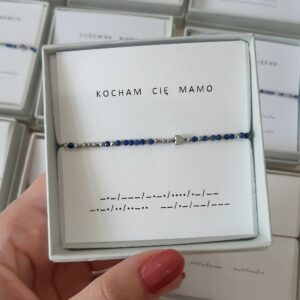 Granatowa bransoletka alfabet Morse’a KOCHAM CIĘ MAMO z serduszkiem