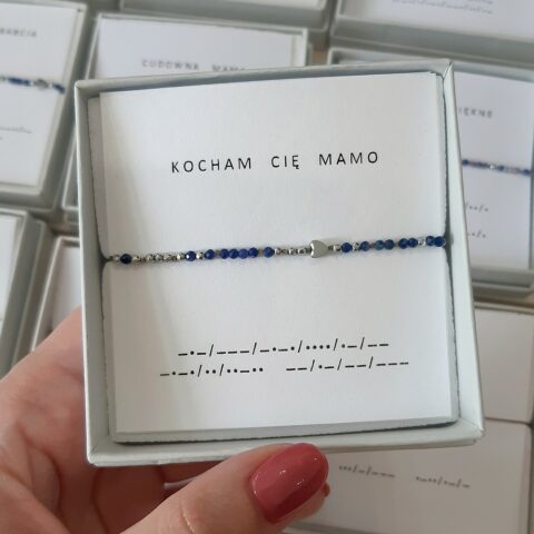 Granatowa bransoletka alfabet Morse'a KOCHAM CIĘ MAMO z serduszkiem