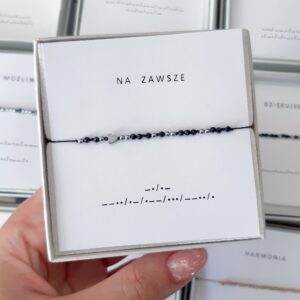 Czarna bransoletka alfabet Morse’a NA ZAWSZE z serduszkiem