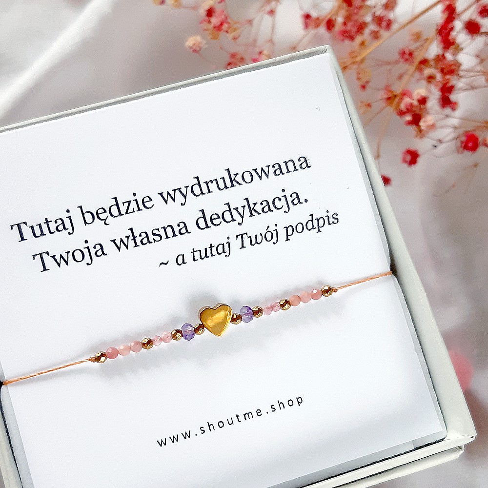 Różowa bransoletka z sercem z dedykacją turmalin rodonit ametyst - obrazek 2