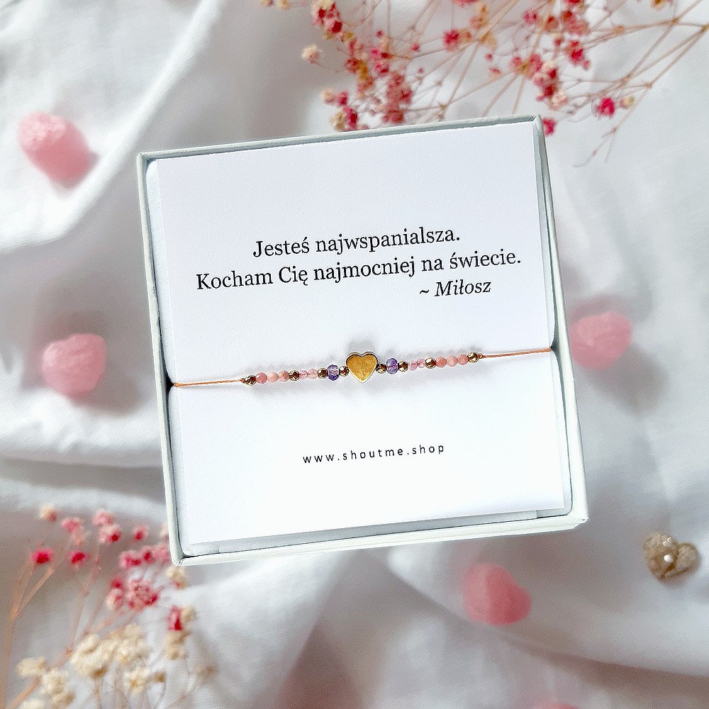 Różowa bransoletka z sercem z dedykacją turmalin rodonit ametyst