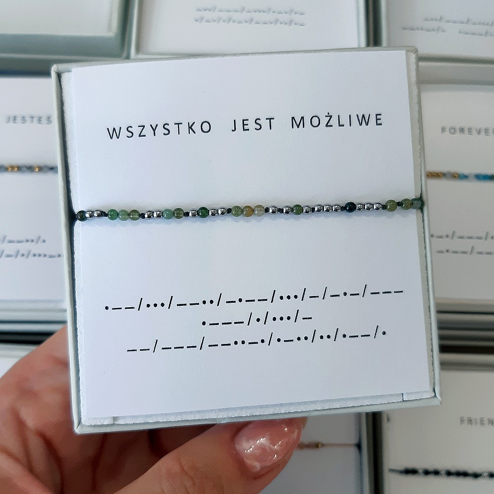Zielona bransoletka alfabet Morse'a WSZYSTKO JEST MOŻLIWE