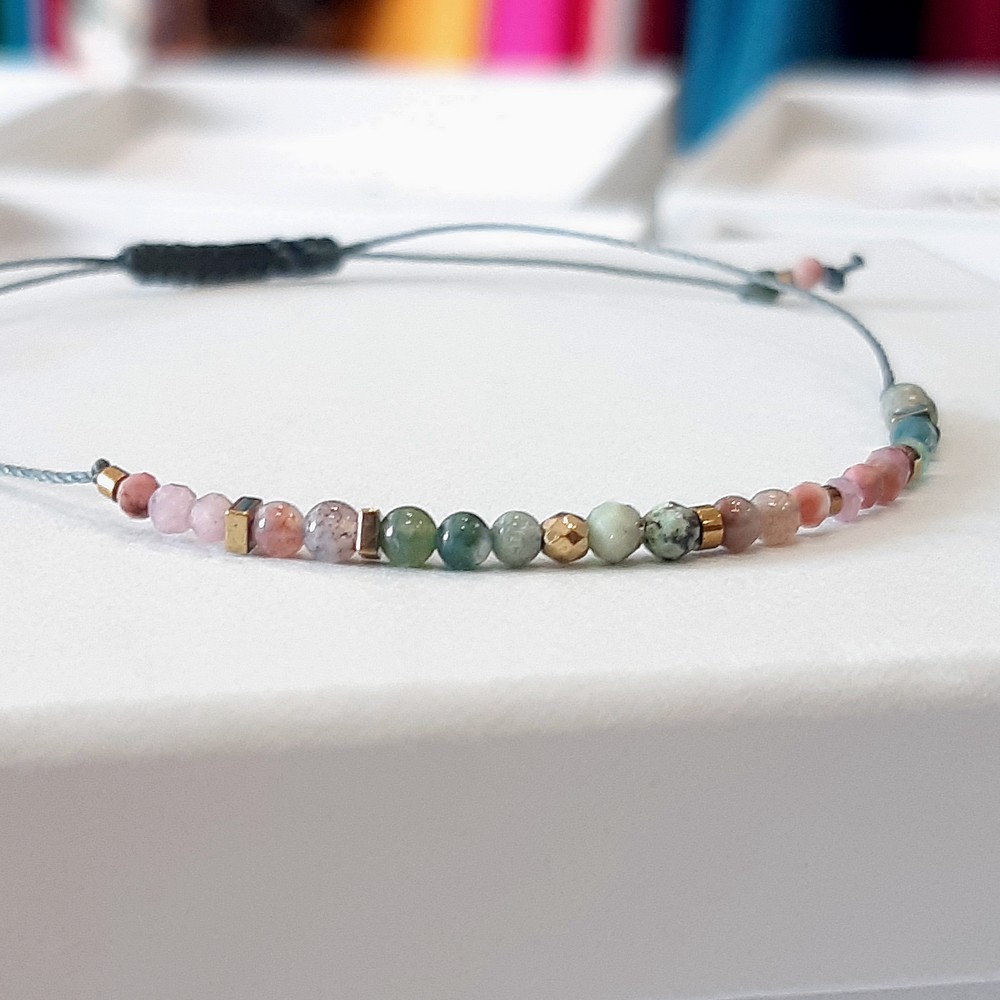 Bransoletka różowo zielona z kamieni naturalnych agat rodonit turmalin turkus